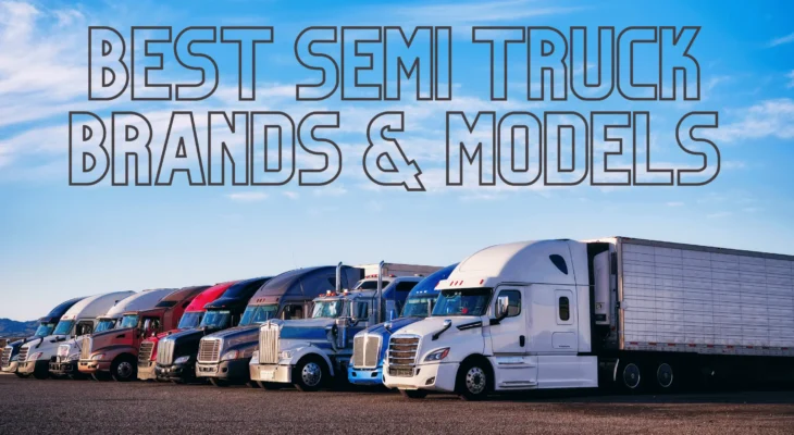 Different semi trucks parked outdoors with a text caption "Best Semi Truck Brands & Models"